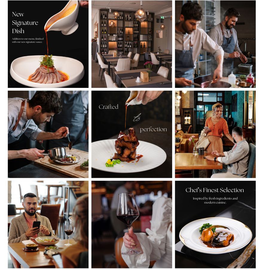 Nine-post Instagram feed concept for a fine dining restaurant